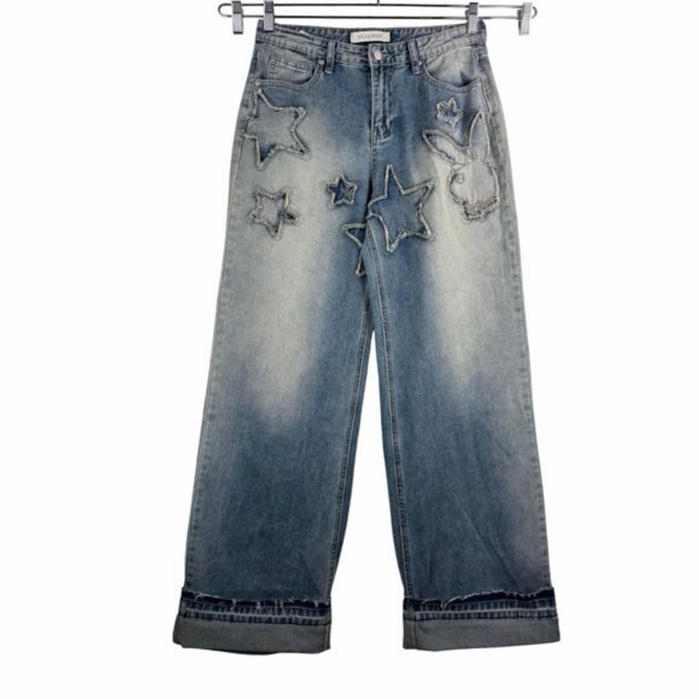 PLAYBOY Blue Star and Bunny Embroidered Boyfriend Jeans